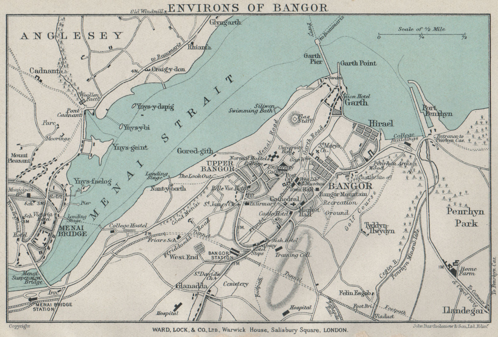 BANGOR vintage town/city plan. Menai Bridge. Wales. WARD LOCK 1925 old map